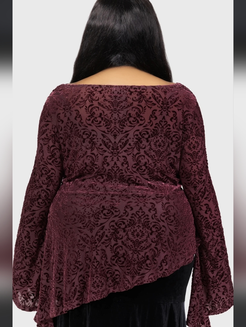 Killstar Burgundy Velvet Burnout Long-Sleeve Asymmetrical Top Dress - Picture 6 of 8